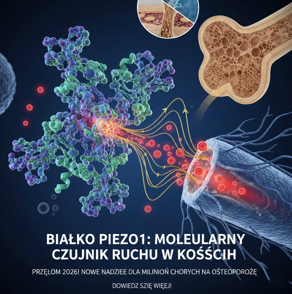 Mikroskopowy widok tkanki kostnej z zaznaczonym białkiem Piezo1 – białko Piezo1 osteoporoza przełom 2026