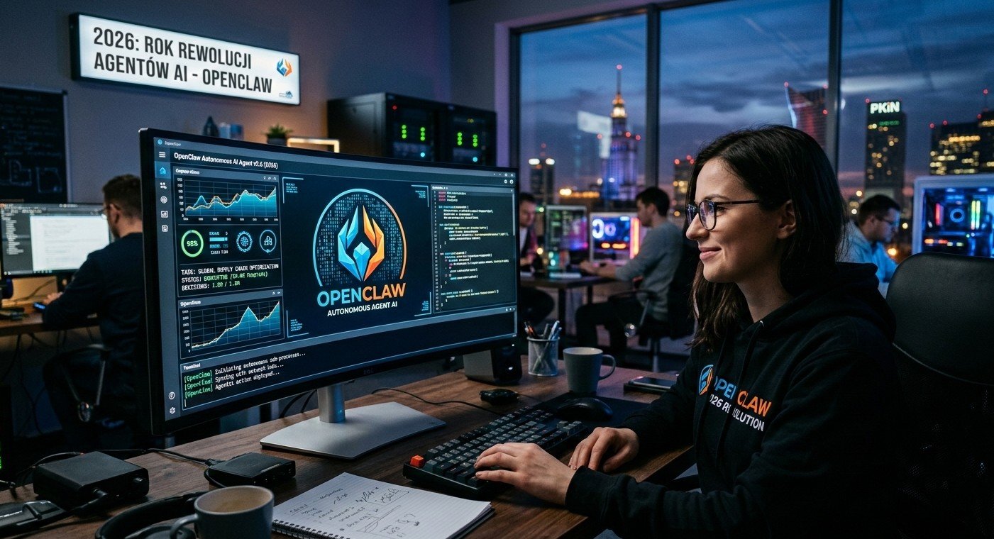 Autonomiczny agent AI OpenClaw działający na ekranie komputera — symbol rewolucji agentów AI w 2026 roku