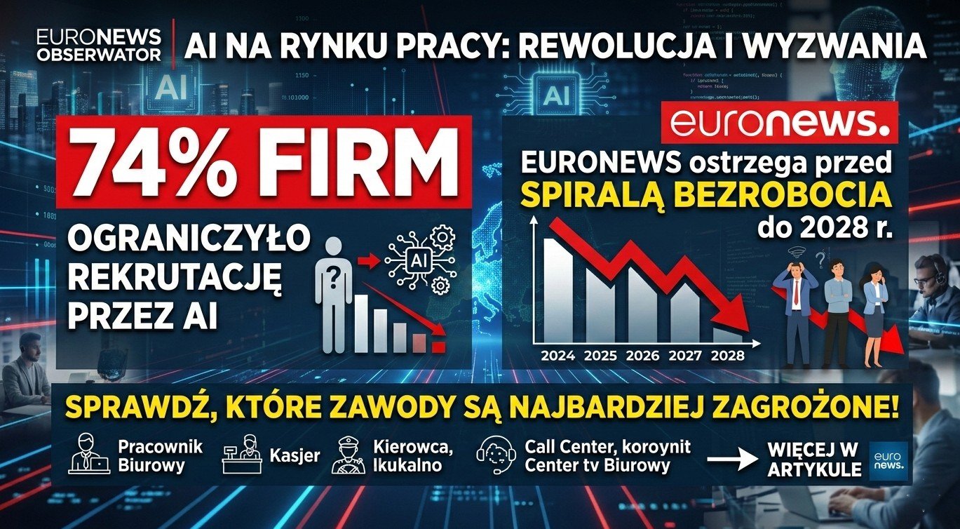Robot przy biurku obok pustego krzesła pracownika — AI bezrobocie Polska 2026, automatyzacja rynku pracy