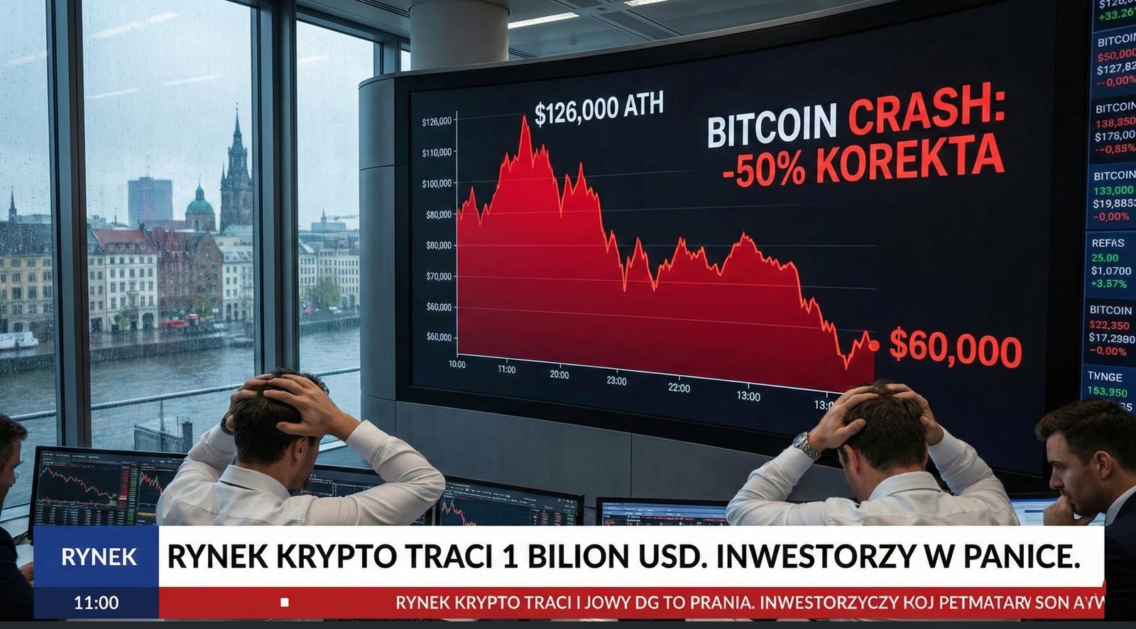 Wykres kursu Bitcoina BTC pokazujący spadek z 126 tys. do 68 tys. USD w 2026 roku na czerwonym tle