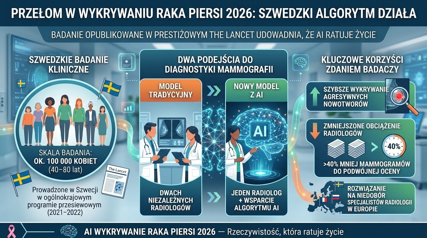 Lekarka przy monitorze z mammogramem analizowanym przez AI — AI wykrywanie raka piersi 2026, szwedzkie badanie The Lancet