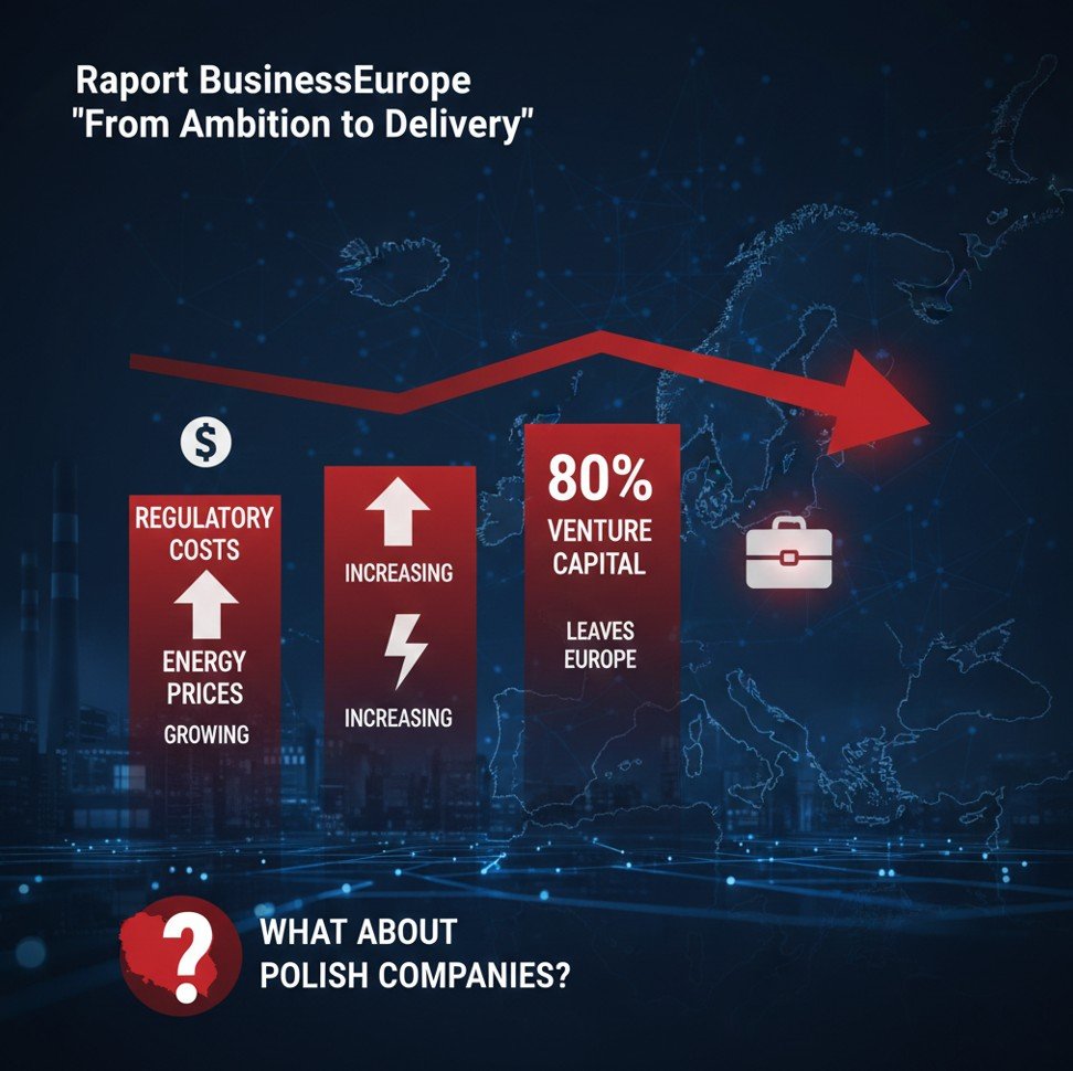 Mapa Europy z wykresem kosztów regulacji UE — raport BusinessEurope 2026 o konkurencyjności europejskich firm