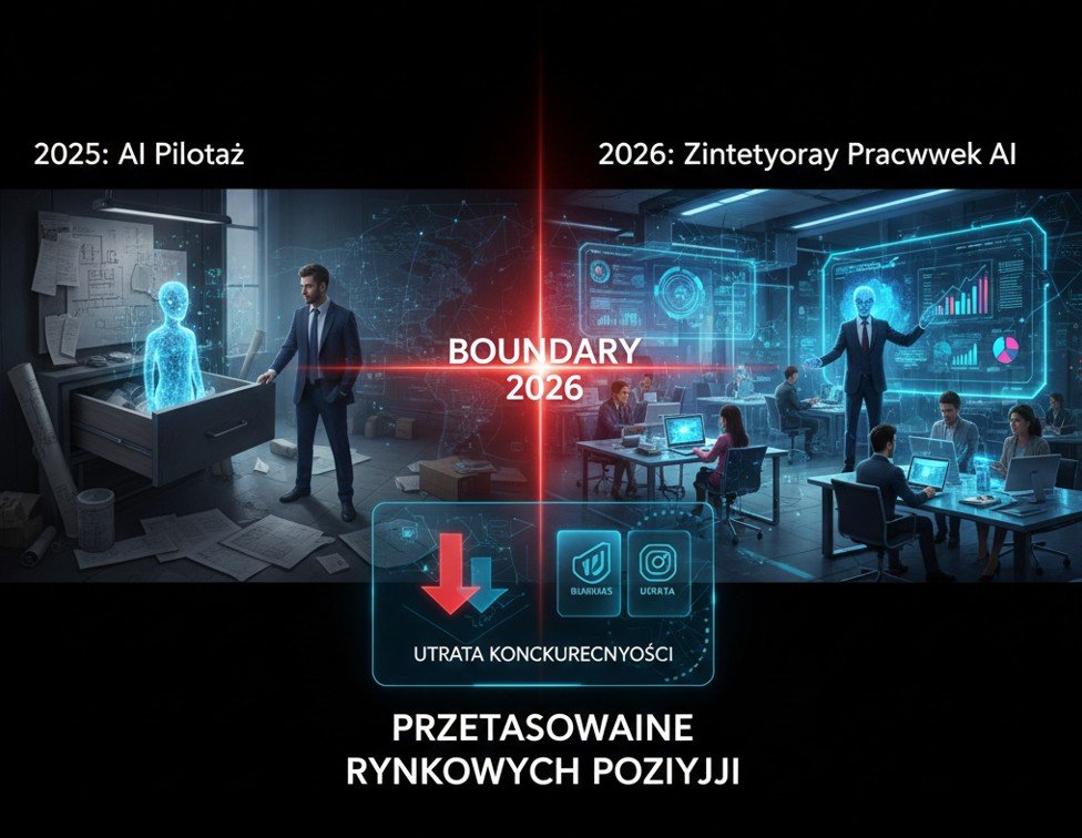 wdrożenie AI w firmie 2026 – pracownik przy komputerze z interfejsem sztucznej inteligencji, biuro europejskie