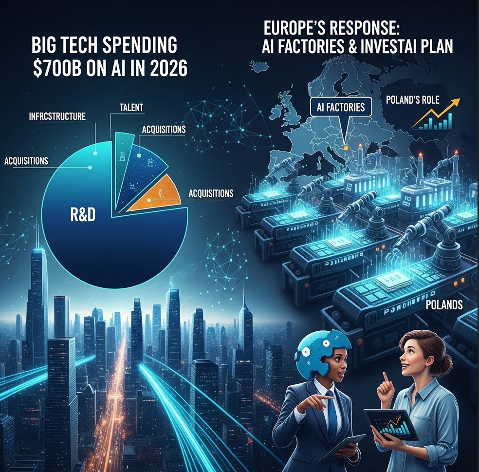 Wizualizacja wyścigu technologicznego — wydatki Big Tech na AI 2026 kontra budżet Europy na sztuczną inteligencję