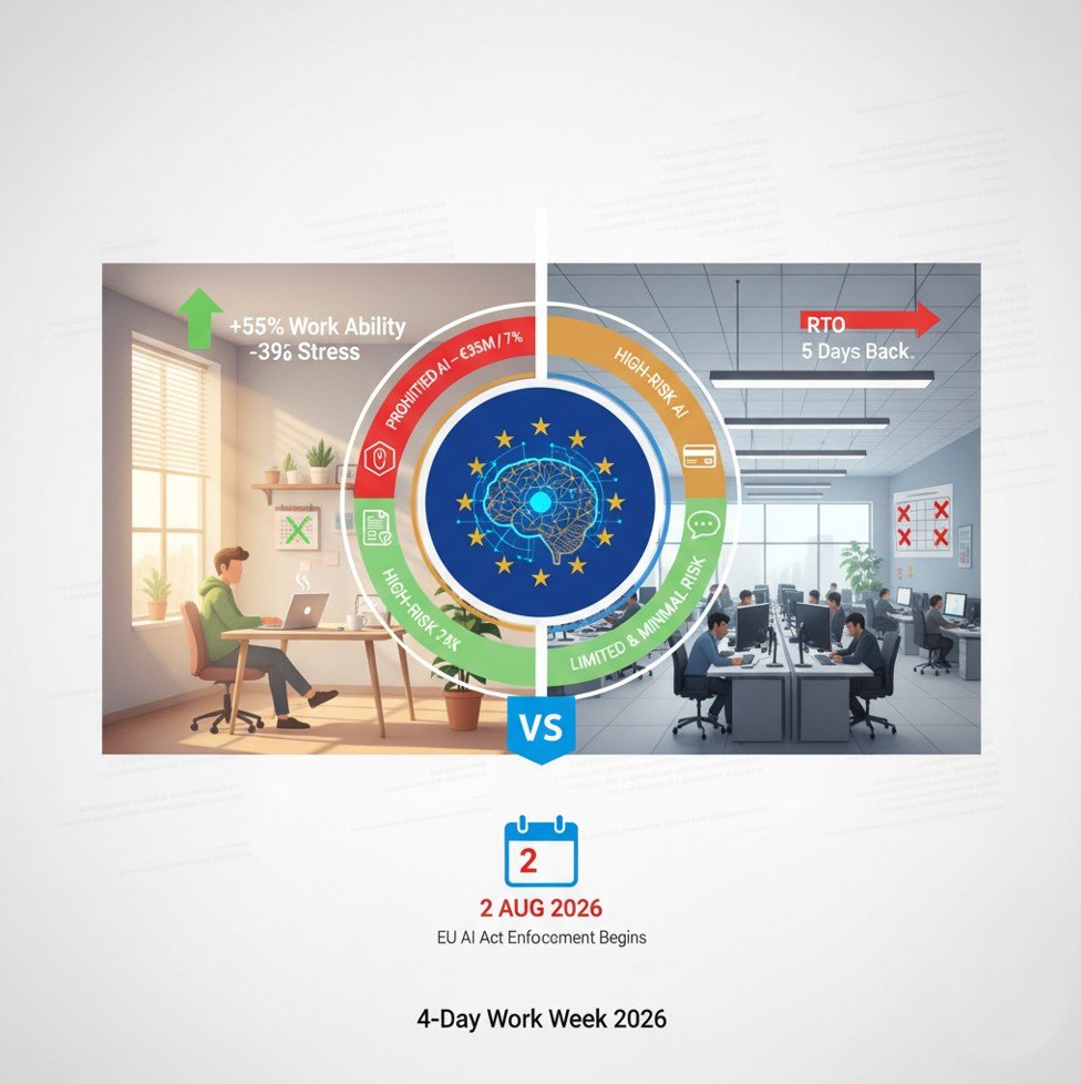 4-day work week 2026 — Nature study results across 141 companies: -39% stress, +55% work ability, 92% of firms permanently continue the four-day model after pilot