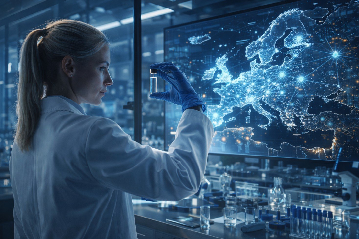Naukowiec w laboratorium farmaceutycznym — badania kliniczne Europa 2026, raport EFPIA o potrzebie wzrostu liczby badań w UE