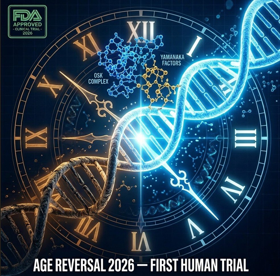 Age reversal 2026 — epigenetic cellular reprogramming diagram using Yamanaka OSK factors: FDA approved first human trials by Life Biosciences and David Sinclair, Harvard