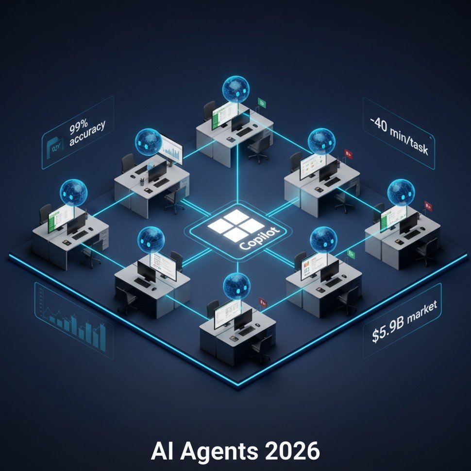 AI agents in business 2026 — Microsoft Copilot Agent Mode autonomously managing Excel spreadsheets and PowerPoint presentations in a modern office environment