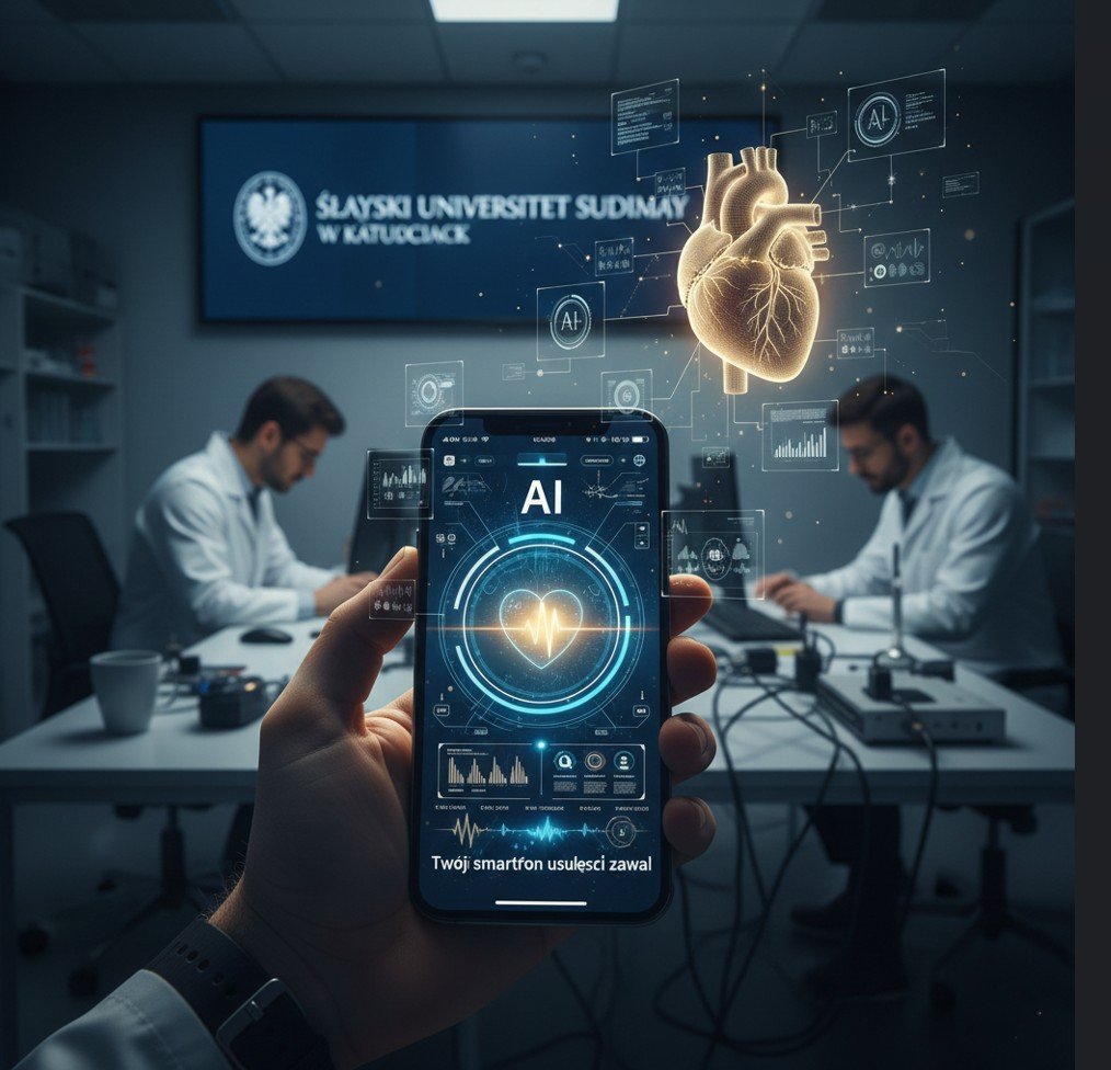 Lekarz kardiolog ze smartfonem analizującym falę głosu — AI diagnostyka chorób serca głos 2026