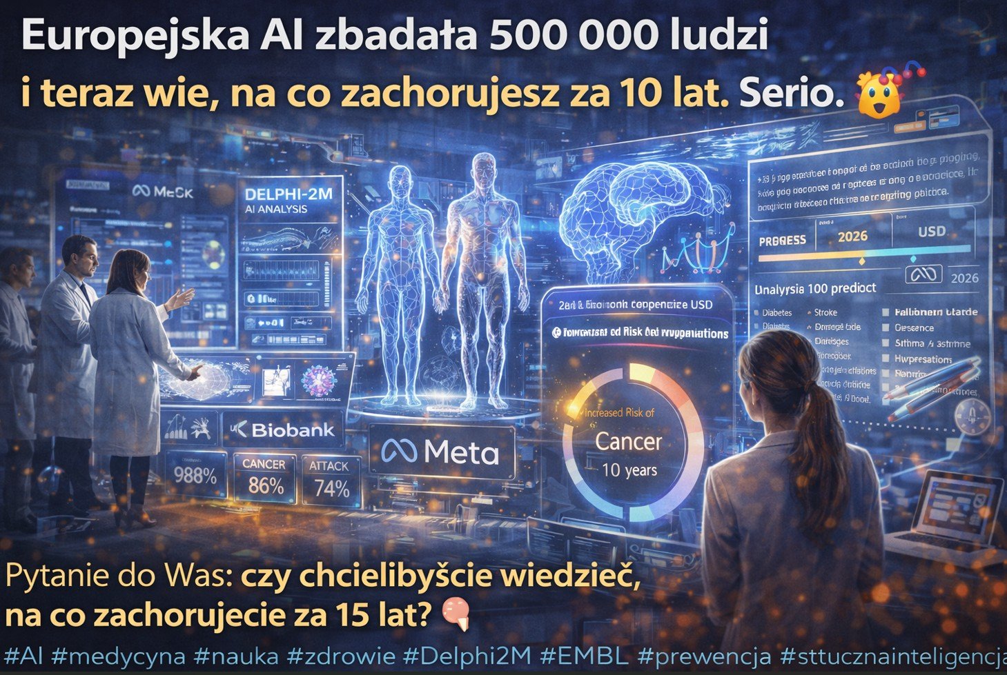Model AI Delphi-2M przewiduje ryzyko chorób przewlekłych i nowotworów na 10 lat przed diagnozą – wizualizacja danych medycznych
