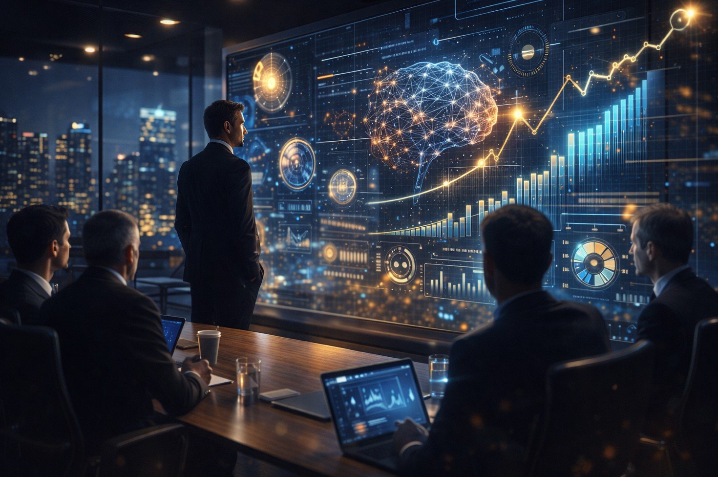 Prezes banku analizuje dane AI na ekranie — raport EY CEO Outlook 2026 o sztucznej inteligencji w sektorze finansowym