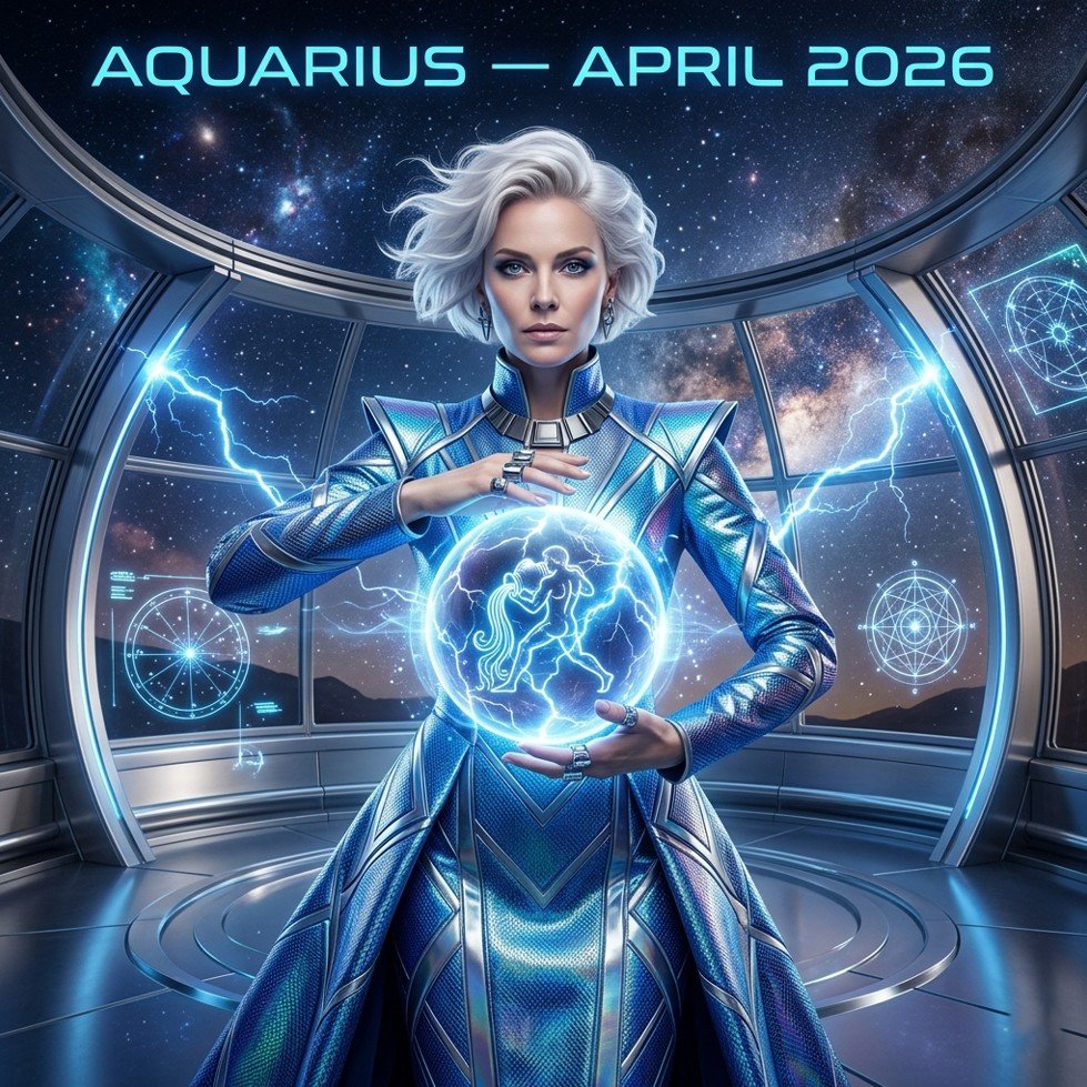 Aquarius horoscope April 2026 — futuristic water-bearer figure in electric turquoise robes pouring cosmic light under Gemini constellation, aquamarine crystals glowing with lightning bolts and Uranus planetary symbol in starry night sky
