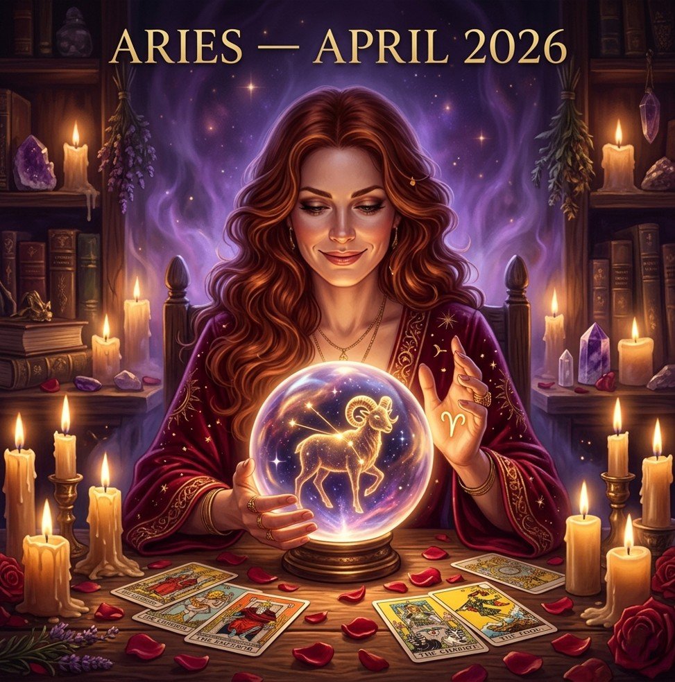 Aries horoscope April 2026 — mystical female astrologer with glowing crystal ball and golden Aries zodiac symbol surrounded by candles and star constellations