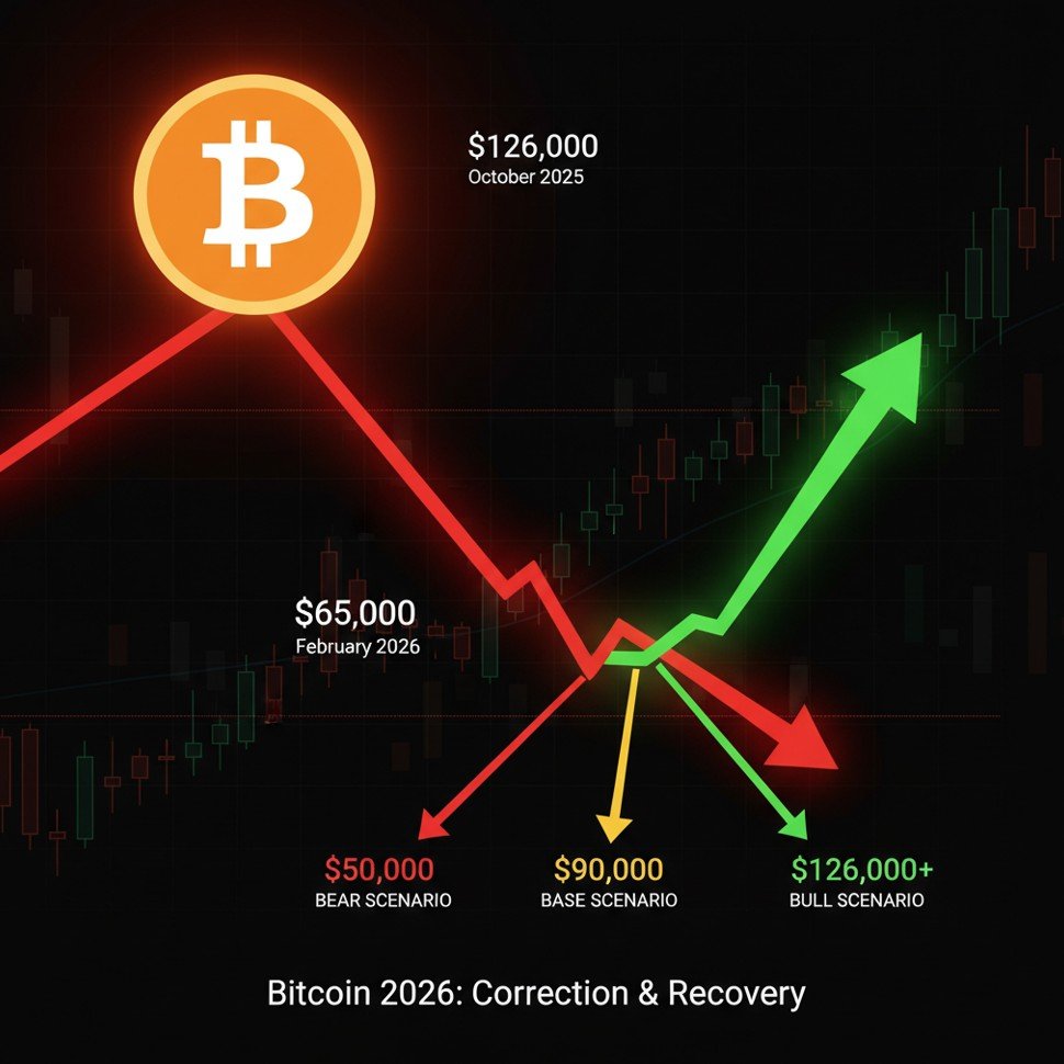 Bitcoin price correction 2026 — BTC price chart dropping from $126,000 all-time high to $65,000 low with key support levels at $60K and recovery forecast toward $100K