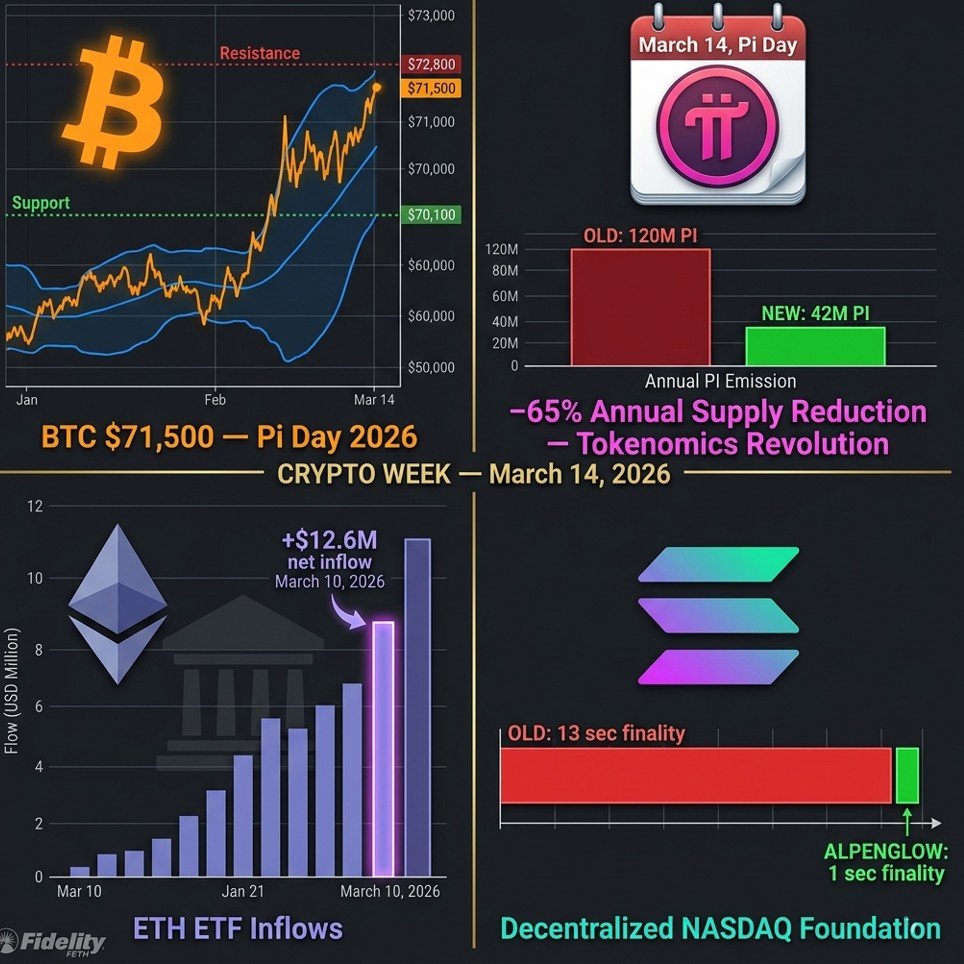 Bitcoin price March 2026 consolidation at $71,500 – candlestick chart with support level $70,100 and resistance $72,800, Pi Network logo with Pi Day March 14 date, Ethereum ETF logo with +$12.6M inflows label and Solana Alpenglow badge