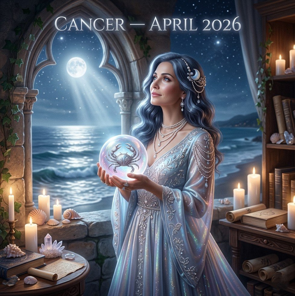 Cancer horoscope April 2026 — mystical female astrologer in silver-blue moonstone gown holding glowing crystal ball with Cancer crab constellation, surrounded by golden candlelight and ocean reflections