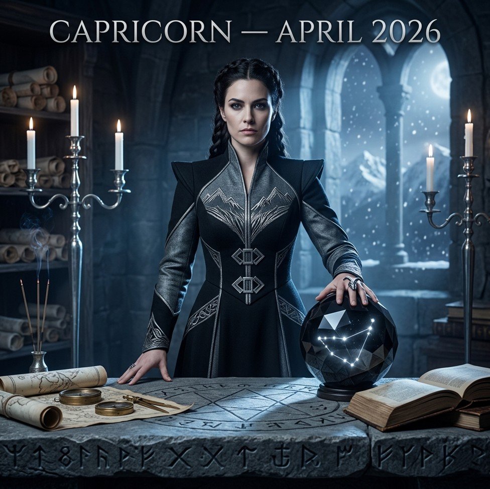 Capricorn horoscope April 2026 — strong mountain goat figure standing on rocky summit under full moon, deep forest green robes, black tourmaline crystal, Saturn rings glowing in night sky with Capricorn constellation