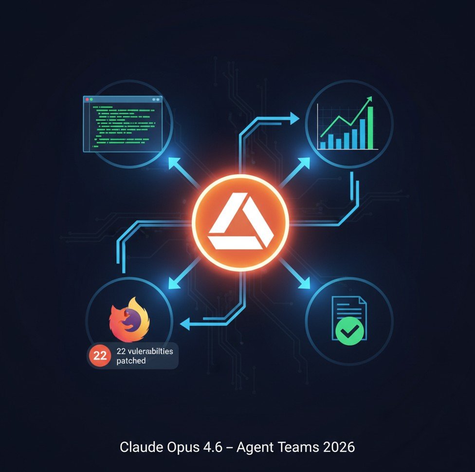 Claude Opus 4.6 by Anthropic — agent teams diagram showing AI autonomously managing code, financial analysis and cybersecurity tasks across enterprise workflows in 2026