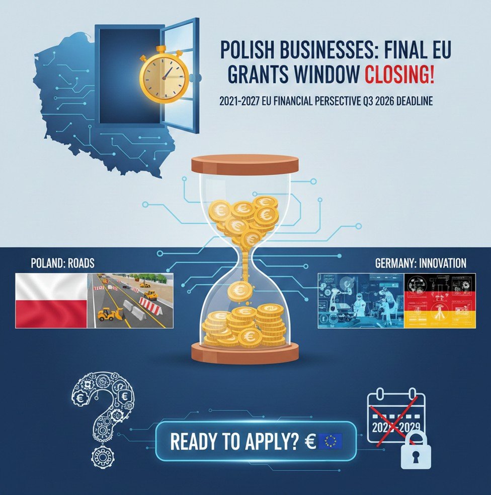 Polska firma otrzymuje dotacje UE dla firm w 2026 roku – symboliczne euro i flaga Unii Europejskiej na tle nowoczesnego biura