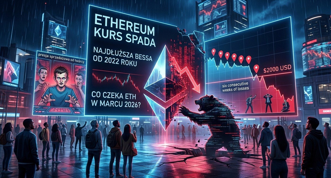 Wykres kursu Ethereum ETH ze strzałką spadkową i logo ETH – bessa kryptowalut marzec 2026