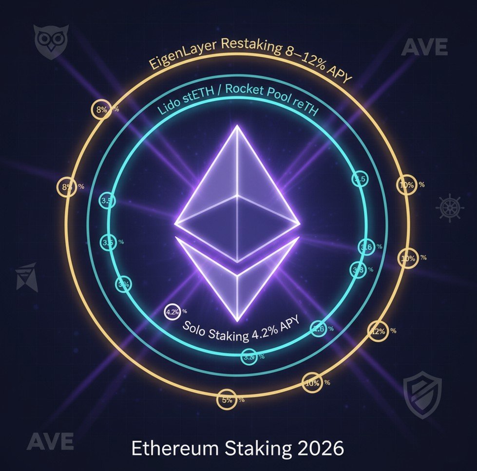 Ethereum staking 2026 — APY comparison chart: solo staking, Lido stETH, Rocket Pool rETH and EigenLayer restaking yields