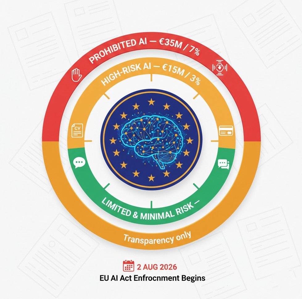 EU AI Act 2026 — risk category and fines diagram: prohibited AI €35M, high-risk AI €15M, GPAI providers €15M, enforcement deadline August 2, 2026
