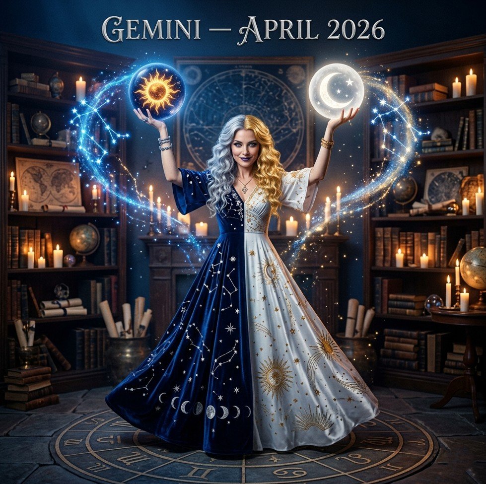 Gemini horoscope April 2026 — mystical female astrologer in electric blue and silver gown holding two glowing orbs with Gemini twin constellation and lightning bolts, Uranus revolution theme