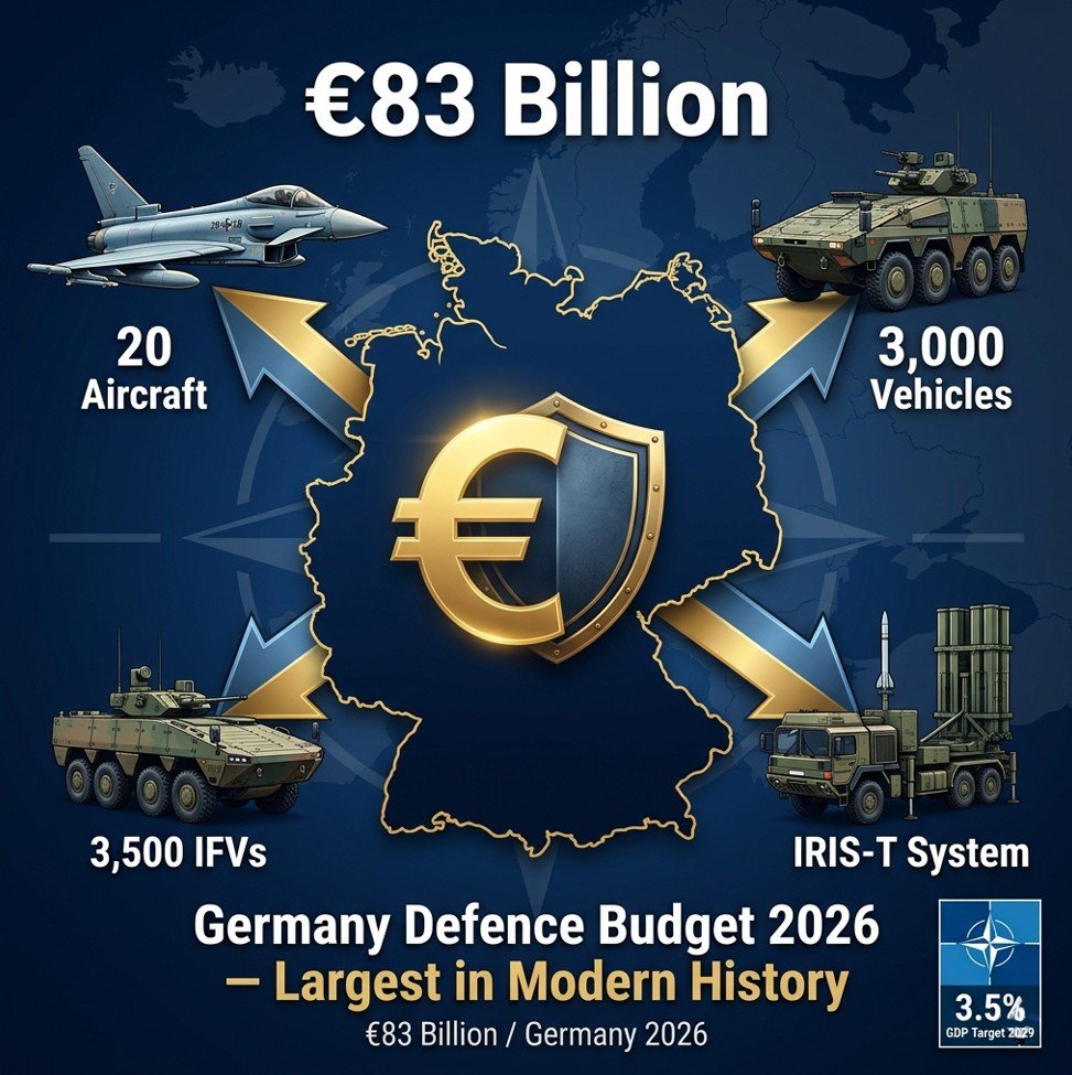 Germany rearmament 2026 — €83 billion Bundeswehr defence budget infographic: Boxer armoured vehicles, Patria 6×6 IFVs, Eurofighter jets, IRIS-T systems and NATO defence spending map across Europe