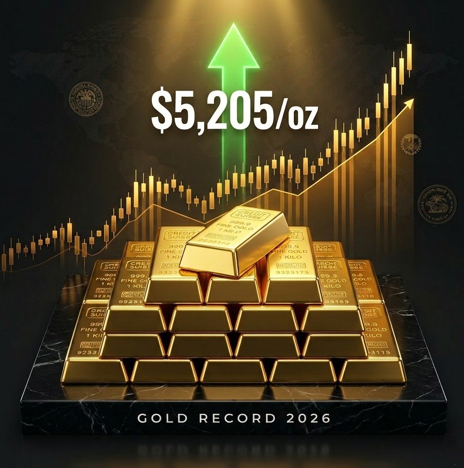 Gold price record 2026 — price chart rising from $2,940 to $5,205 per troy ounce driven by central bank purchases and ETF inflows into safe-haven assets