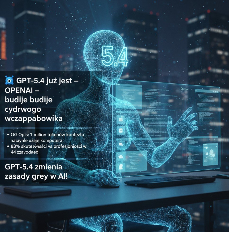 Interfejs GPT-5.4 na ekranie laptopa z wykresami wydajności — GPT-5.4 OpenAI agenci AI 2026