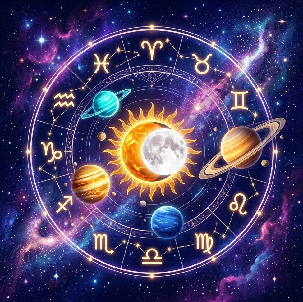 April 2026 monthly horoscope illustration for all 12 zodiac signs — cosmic wheel with planets and constellations