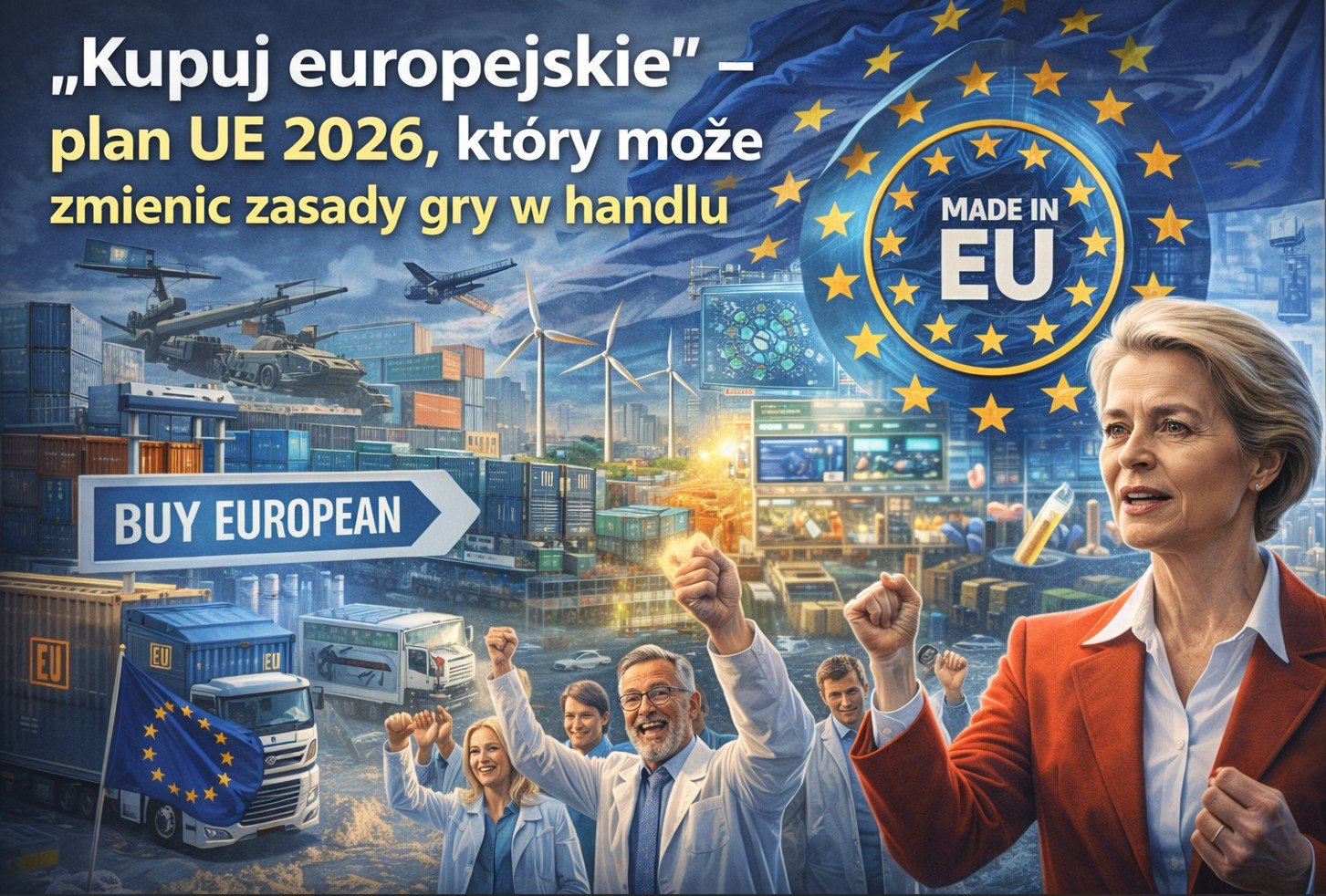 Flaga Unii Europejskiej na tle fabryki przemysłowej – plan Kupuj europejskie Komisja Europejska 2026