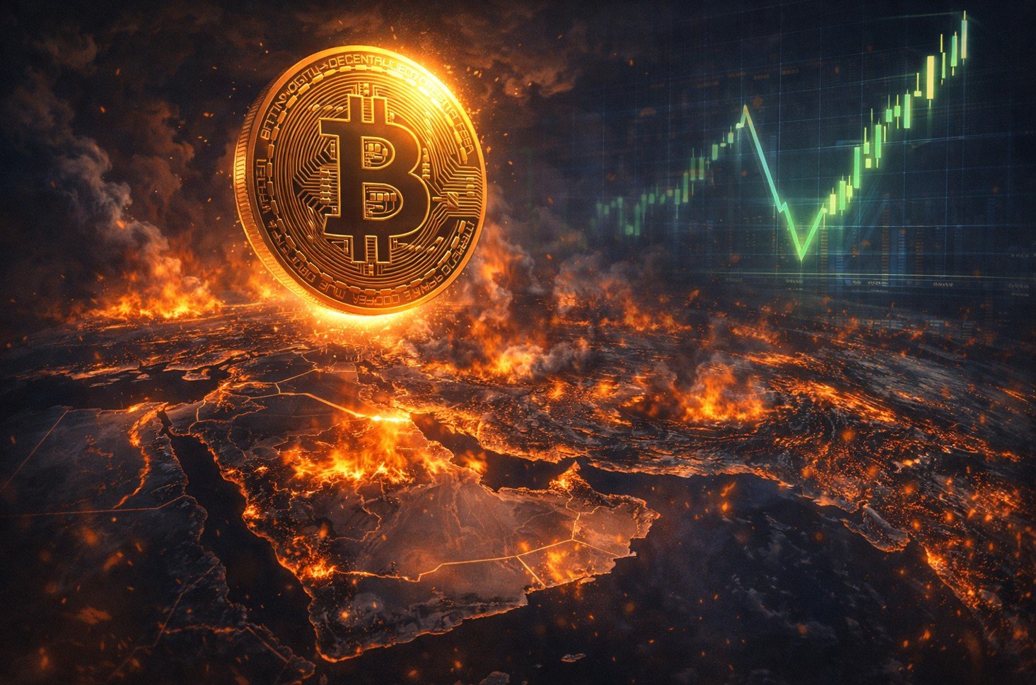 Wykres kursu Bitcoina marzec 2026 z odbiciem do 70 000 USD na tle napięć geopolitycznych USA-Iran