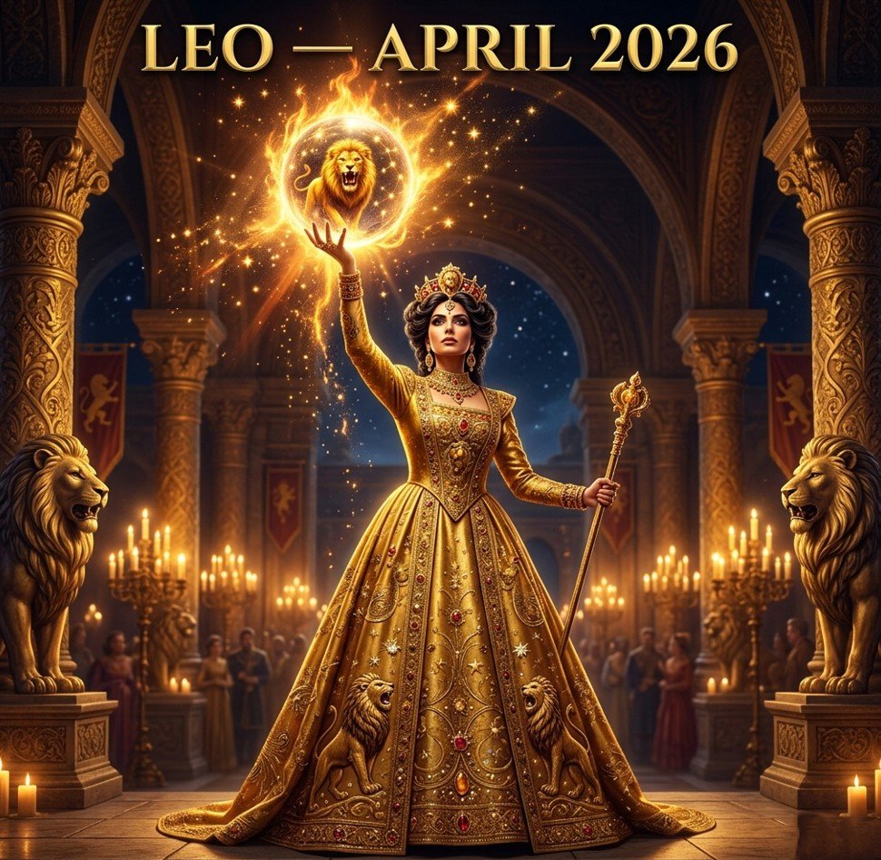 Leo horoscope April 2026 — regal female astrologer in golden lion-embroidered gown holding blazing crystal orb with Leo constellation, surrounded by golden pillars and dramatic candlelight