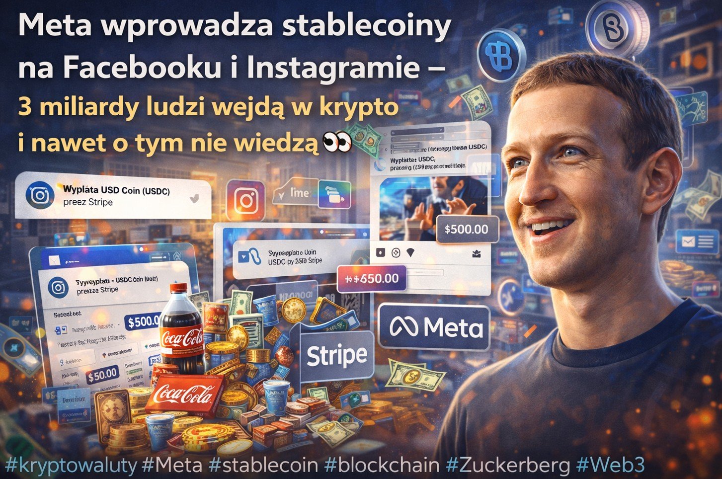 Mark Zuckerberg prezentuje integrację stablecoina Meta na Facebooku i Instagramie w 2026 roku