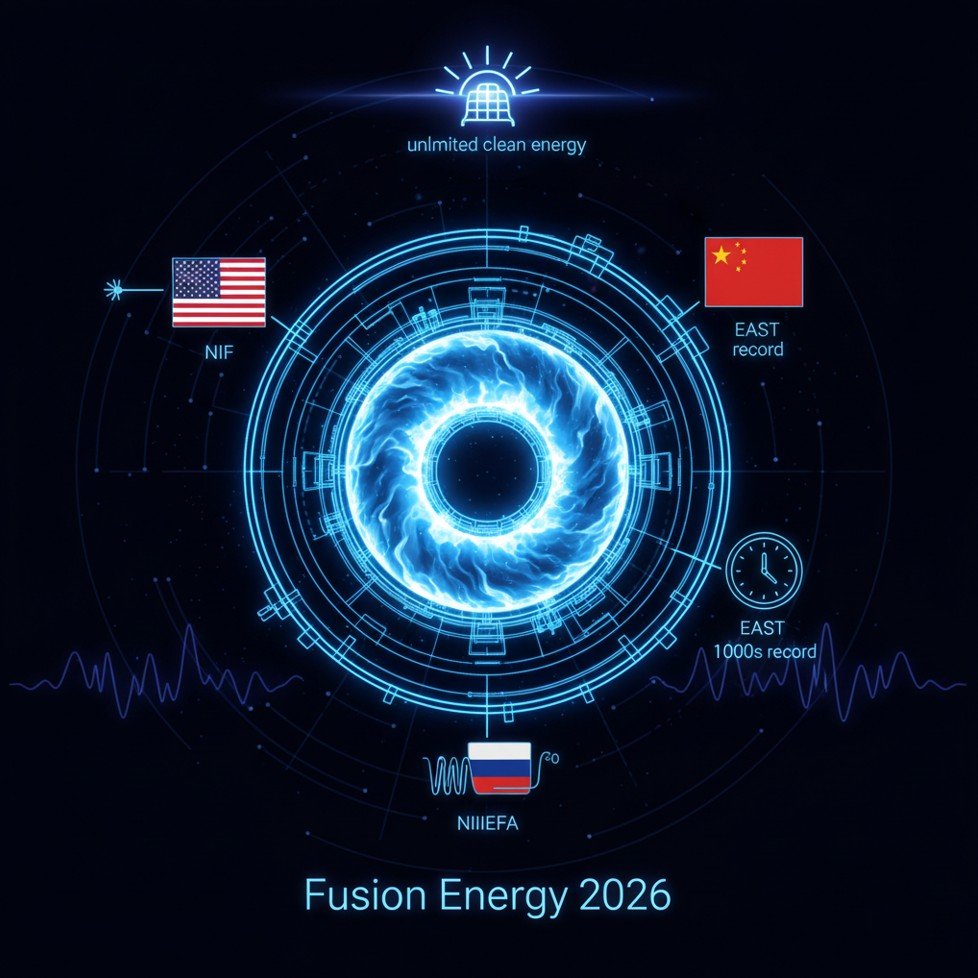 Nuclear fusion breakthrough 2026 — tokamak reactor with 8.6MJ net plasma energy, NIF Lawrence Livermore laser ignition and ITER future reactor design diagram