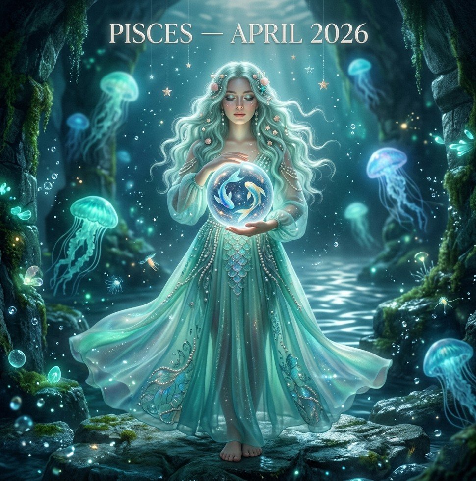 Pisces horoscope April 2026 — ethereal two fish figure emerging from ocean depths into spring light, seafoam green robes, green aventurine crystal glowing, Jupiter and Neptune planetary symbols in turquoise starry sky, sea of renewal