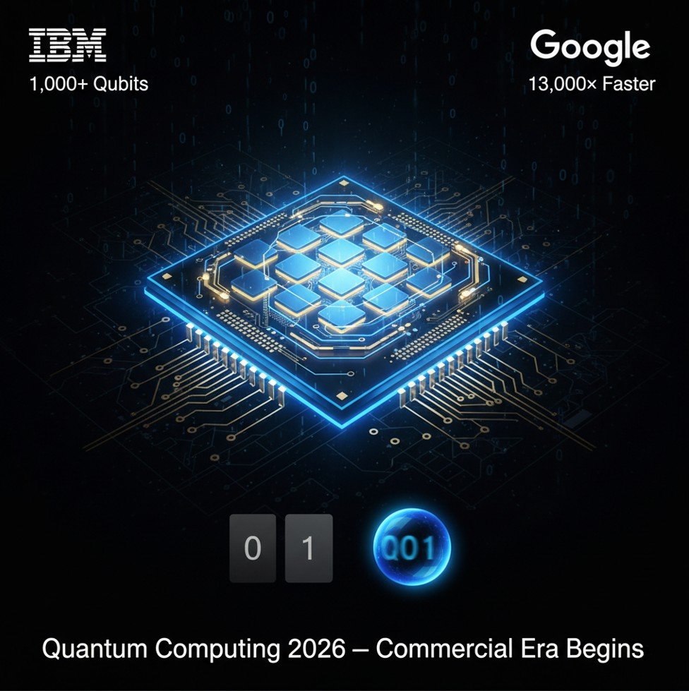 Quantum computing breakthrough 2026 — IBM Condor 1,000+ qubit processor and Google Willow chip: qubit grid diagram with error correction layout and quantum advantage benchmark chart vs supercomputers