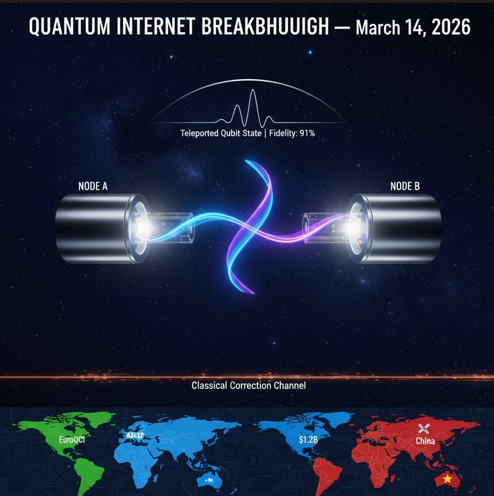 Quantum teleportation breakthrough 2026 — two glowing quantum network nodes Node A and Node B connected by entangled photon pair helix beams, fidelity 91% label, classical correction fiber cable below, world map showing EuroQCI EU, US $1.2B and China Micius satellite