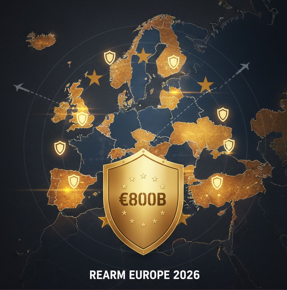 ReArm Europe 2026 — EU map showing member state defense budgets and the €800 billion rearmament plan through 2030