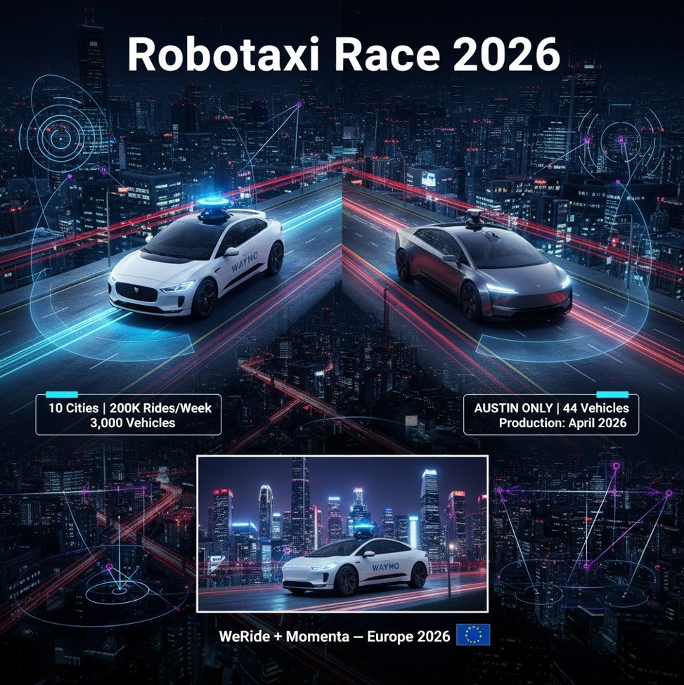 Robotaxi race 2026 — Waymo fleet of 3,000 vehicles across 10 US cities vs Tesla Cybercab 44 cars in Austin: fleet size comparison chart and WeRide, Momenta-Uber European expansion map