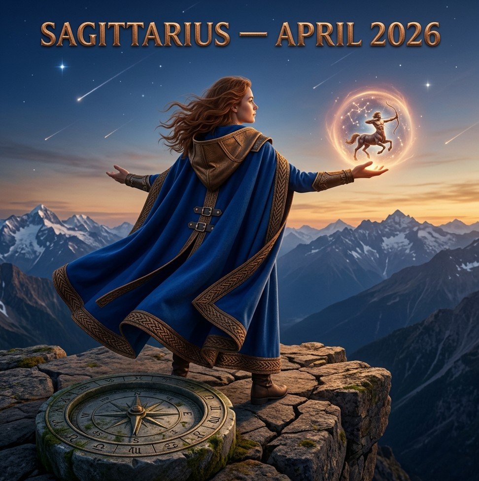 Sagittarius horoscope April 2026 — vibrant centaur archer in vivid orange and gold drawing a glowing bow under Aries fire constellation, surrounded by carnelian crystals and blooming spring flowers in cosmic night sky