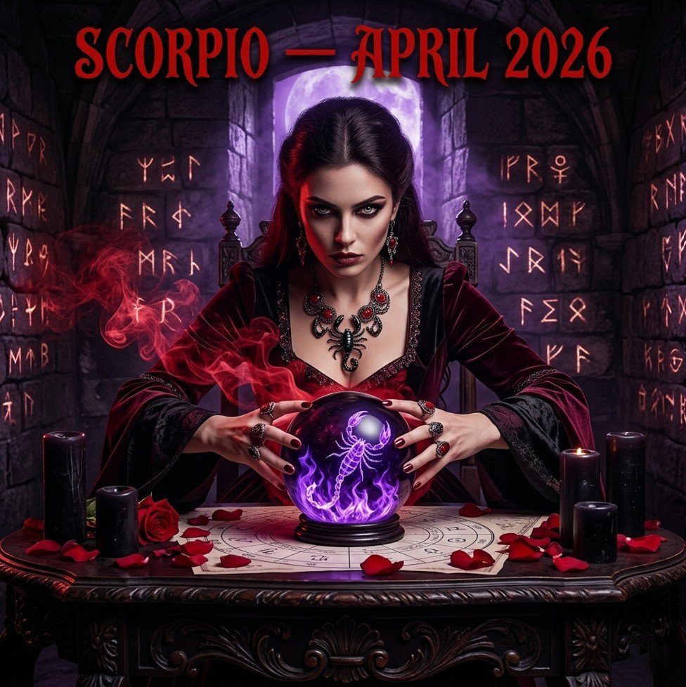 Scorpio horoscope April 2026 — powerful dark-haired woman in deep crimson velvet holding mahogany obsidian crystal, Scorpio scorpion constellation glowing against midnight transformation ritual background