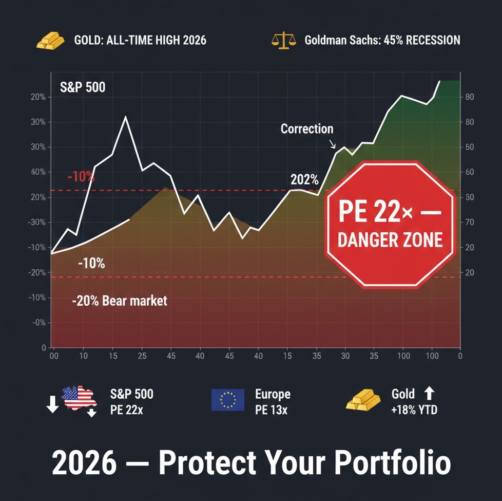 S&P 500 correction 2026 — index chart with marked technical correction threshold at -10% and bear market at -20%, PE ratio 22× vs historical average 15×, Goldman Sachs 45% recession probability overlay
