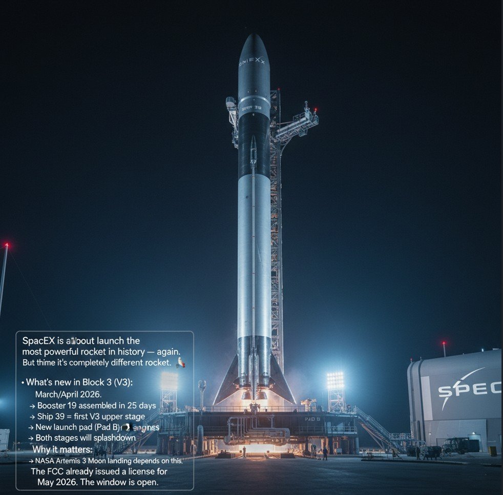 Rakieta SpaceX Starship Block 3 na wyrzutni w Starbase w Teksasie — Flight 12 marzec 2026