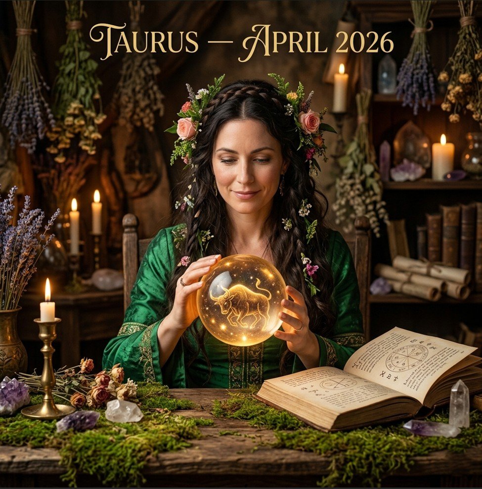 Taurus horoscope April 2026 — mystical female astrologer in emerald green gown with glowing crystal ball showing golden Taurus bull symbol surrounded by spring flowers and candlelight