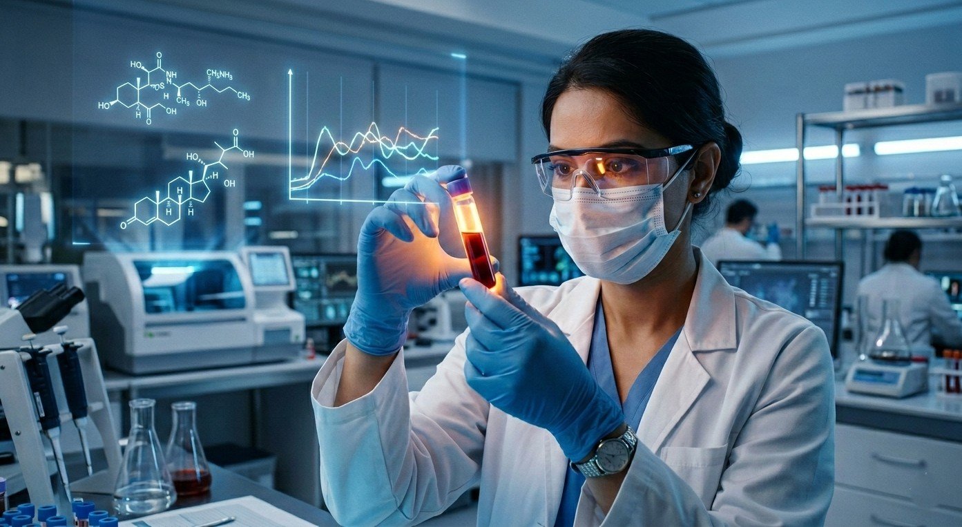 Naukowiec analizuje próbkę krwi w laboratorium — test krwi przewidujący atak astmy 5 lat wcześniej, odkrycie Harvard i Karolinska Institutet 2026