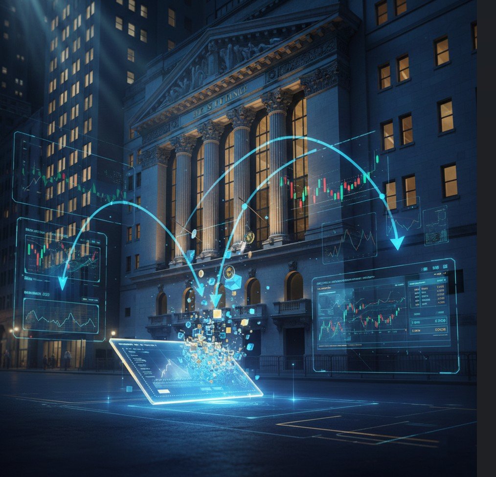 Budynek NYSE na Wall Street z hologramem sieci blockchain — tokenizacja akcji NYSE blockchain 2026