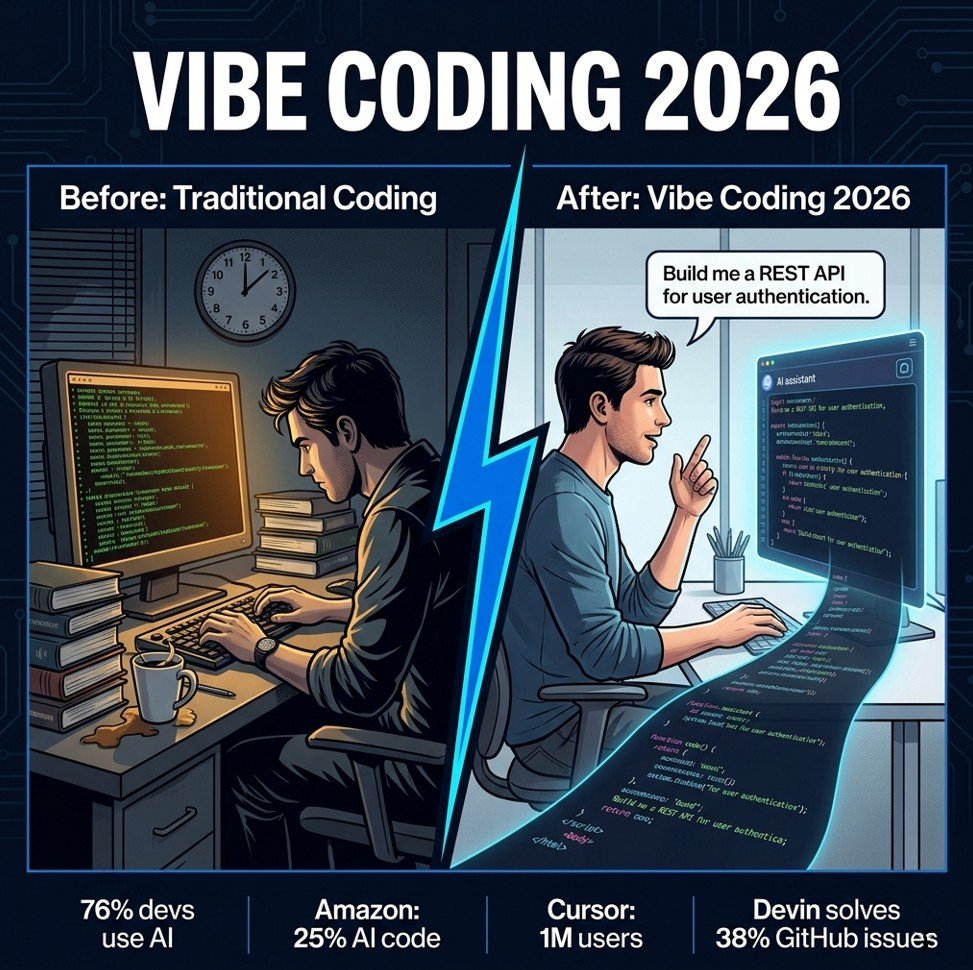 Vibe coding 2026 — comparison diagram: developer with AI (GitHub Copilot, Cursor, Devin) vs traditional coding; adoption growth chart showing 76% developer AI usage and Amazon's 25% AI-generated code milestone