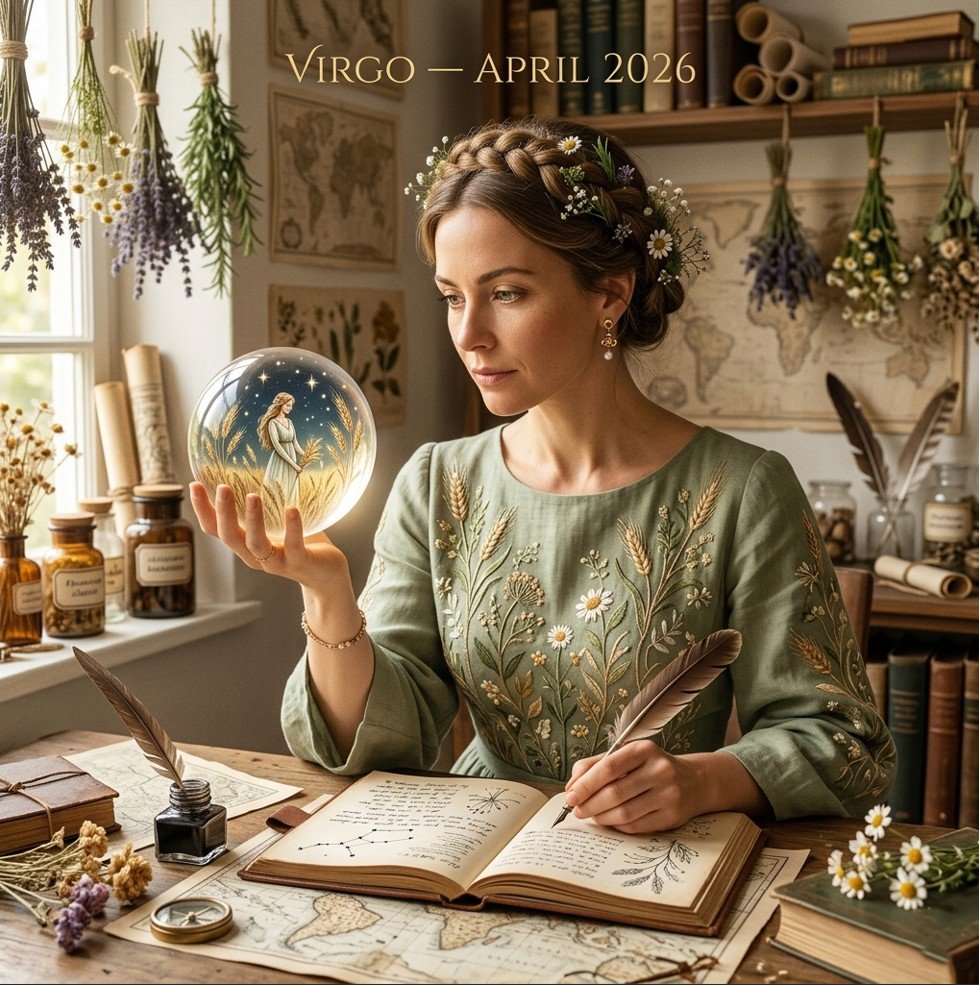Virgo horoscope April 2026 — mystical female astrologer in deep burgundy velvet gown holding obsidian crystal with Virgo maiden constellation and transformation symbols, dark forest moonlit background